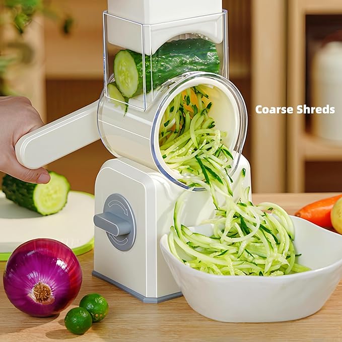 Rotary Cheese Grater with Handle,Replaceable Stainless Blades Cheese Shredder,Multi-Functional Cheese Vegetable Slicer with Storage Box,Easy to Clean Kitchen Gadgets with Storage Box (Beige, 5 Blades)