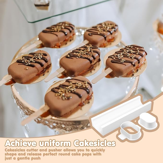 3 Inch Cakesicle Cutter and Cake Pop Mold Set with 8.7in Tray, 100 Wooden Sticks & 100 Bags, Silicone Cakesicle Mold for Homemade Cake Pops, Baking, Birthdays and Party Desserts (White)