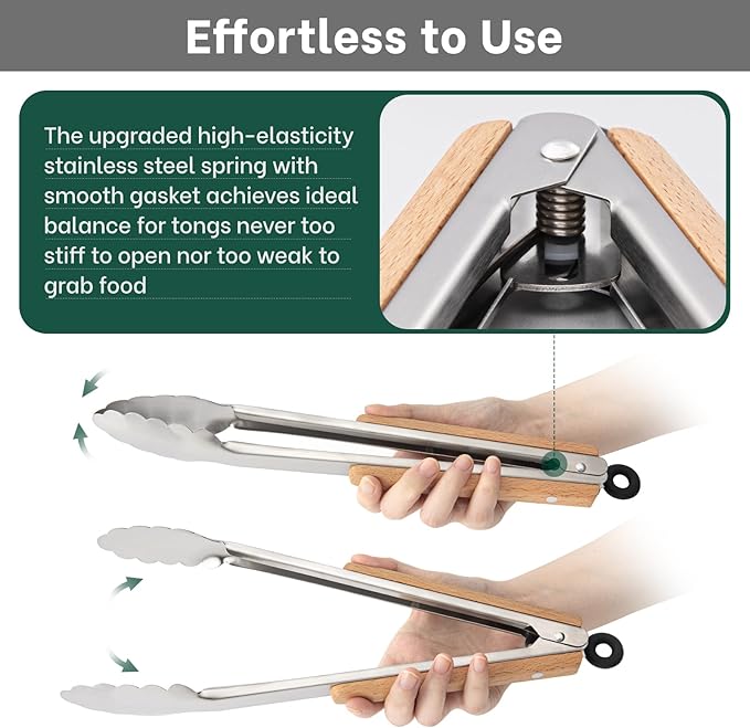 Beneno 12-Inch Stainless Steel Kitchen Tongs for Cooking with Heat-Insulating Wooden Grip Handle, Heavy Duty Heat-Resistant Metal Locking Tongs with Strong Scalloped Tips for Cooking, BBQ, Grab Food