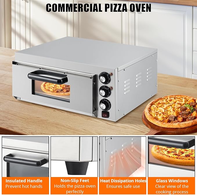 1800W Countertop Electric Pizza Oven,Stainless Steel Pizza Oven Maker with Timer & Removable Tray for Home, Kitchen & Restaurant, Silver