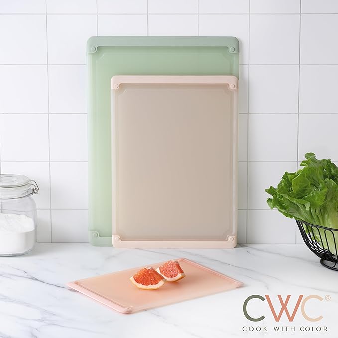 COOK WITH COLOR Extra Large Cutting Board Set, Jumbo-Sized Boards with Rubber Border for Enhanced Cooking Experience, 3-Piece, Sage Pink