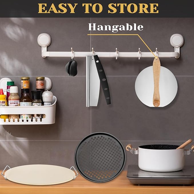 5-Piece Pizza Set: 13-Inch Round Pizza Stone for Oven & Grill with Rack, Cutter, Peel, Pan & Mini Mitts, Baking Stone for Bread