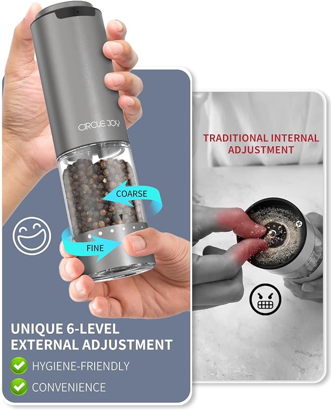 CIRCLE JOY Rechargeable Electric Salt and Pepper Grinder Set with Base, Aluminum Alloy Pepper Mills with 95ml Container, White LED Light and External Adjustable Coarseness, Space Grey