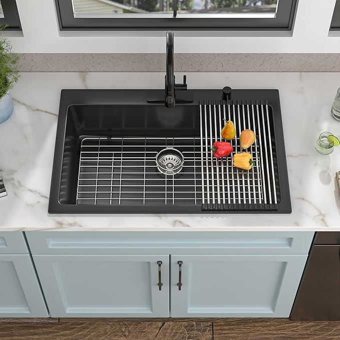 33 Granite Composite Kitchen Sink - Fulorni 33"×22" Granite Kitchen Sink Drop In Topmount Matte Black Quartz Classic Over Mount Single Bowl Sink Basin