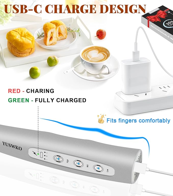 YUSWKO Milk Frother Handheld for Coffee, Rechargeable Drink Mixer with 3 Heads 3 Speeds Electric Coffee Frother Whisk, Gift for Many Occasions and Festival