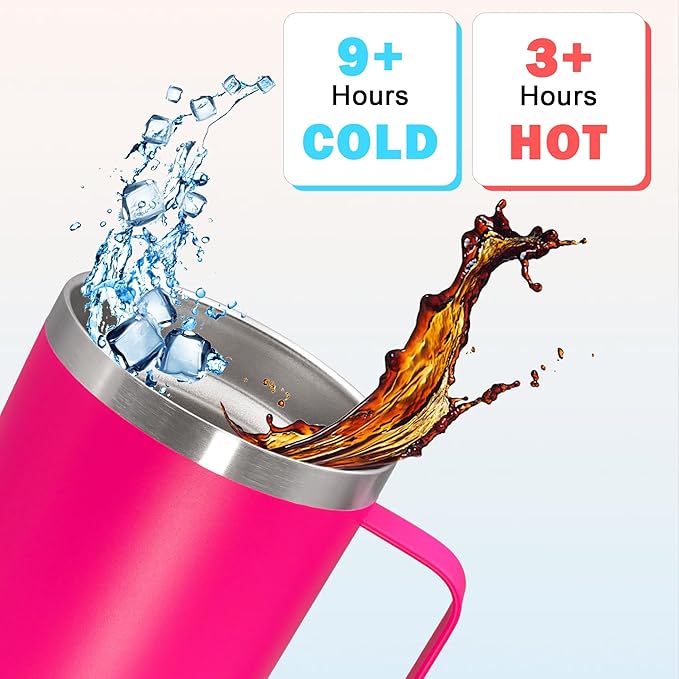 20 oz Tumbler with Handle and Lid, Stainless Steel Tumbler Insulated Travel Coffee Mug, Spill Proof Double Wall Vacuum Tumbler Cup Keep Drink Hot & Cold, Hot Pink, 6 Pack