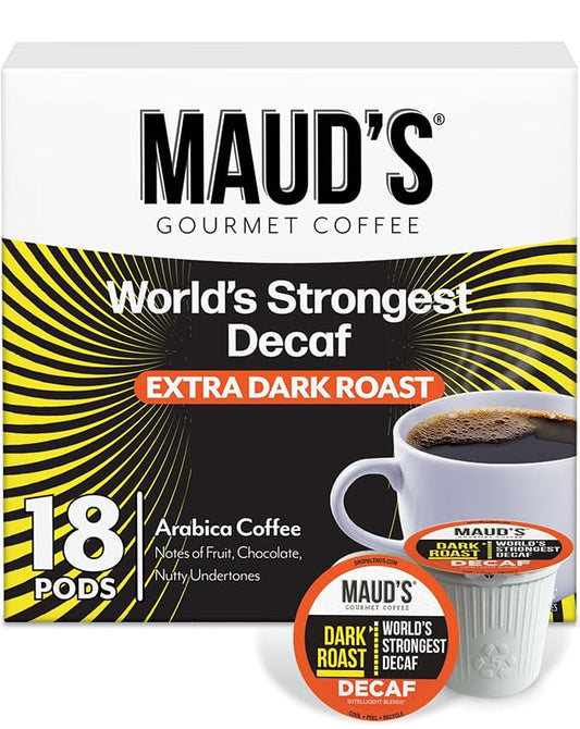 Maud's World's Strongest Decaf Coffee Pods, 18 ct, Decaffeinated Dark Roast Coffee in Recyclable Single Serve Pods – 100% Arabica Coffee, Compatible with Keurig K Cups Maker
