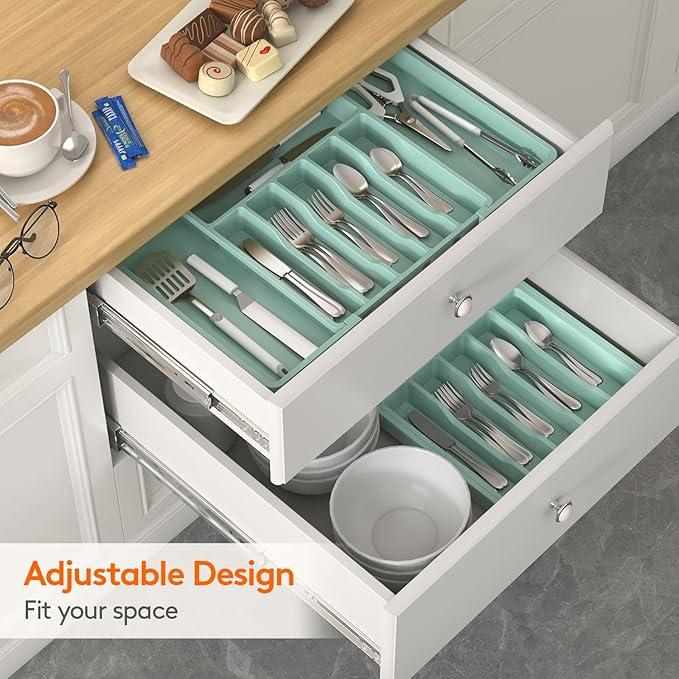 Lifewit Silverware Drawer Organizer, Expandable Utensil Tray for Kitchen, BPA Free Flatware and Cutlery Holder, Adjustable Plastic Storage for Spoons Forks Knives, Large, Turquoise