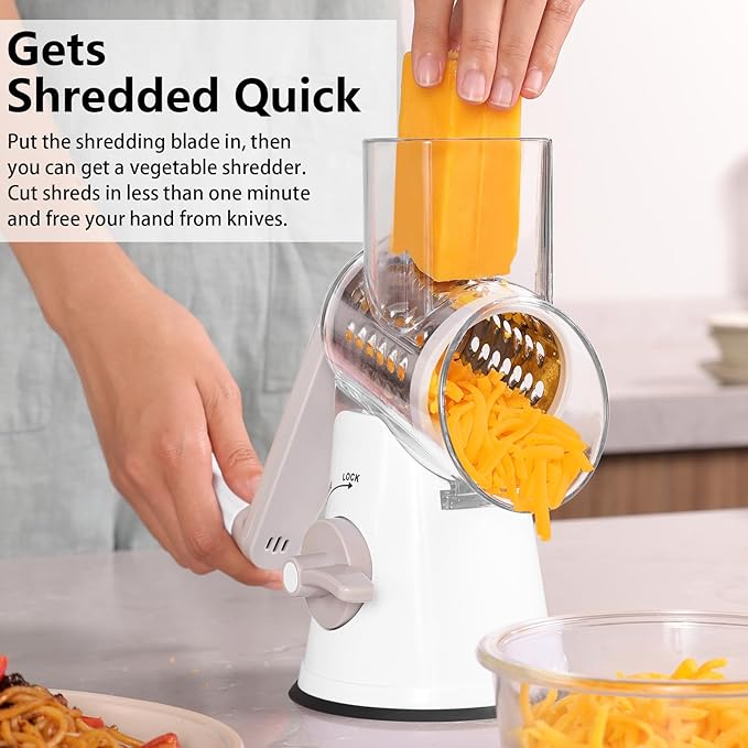 Rotary Cheese Grater, 3 in 1 Cheese Shredder Grater Rotary with Handle, Vegetable Mandoline Slicer Shredder for Vegetable, Cheese, Nut