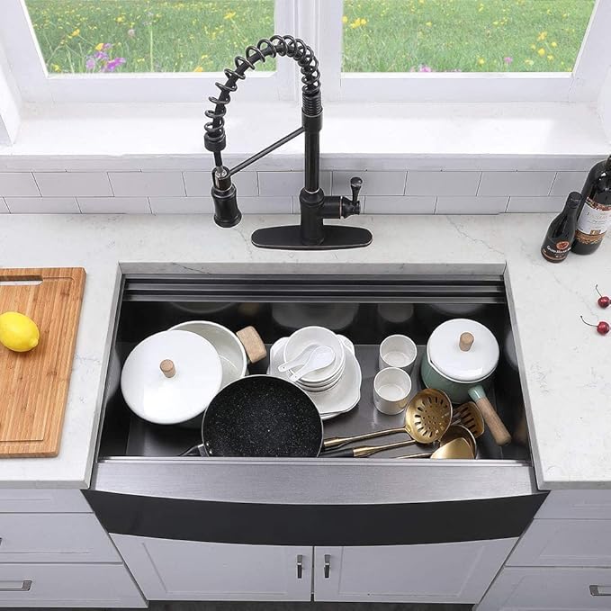 33 inch Black Farmhouse Sink, 16 Gauge Double Ledges Stainless Steel Farmhouse Kitchen Workstation, Apron Front Deep Single Bowl Kitchen Farm Farmer Style Sinks 33"x20"x9