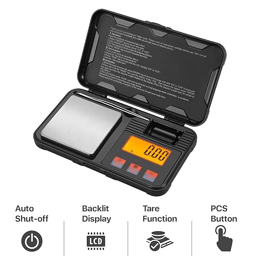 Flexzion Digital Scale Pocket Size Precision Gram Scale 200g / 0.01g, Travel Portable Mini Kitchen Food Ounces Carats/w Tweezers, LCD Light, 50 g Calibration Weight, 6 Units, Tare, Stainless Steel