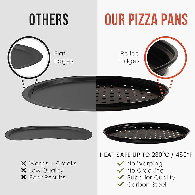 Chef Pomodoro Pizza Baking Set with 3 Pizza Pans & Pizza Rack, 13-Inch, Non-stick Pizza Stand & Pizza Tray for Oven, Grill, Pizza Pan with Holes, Perforated Pizza Pan for Oven, Barbeque
