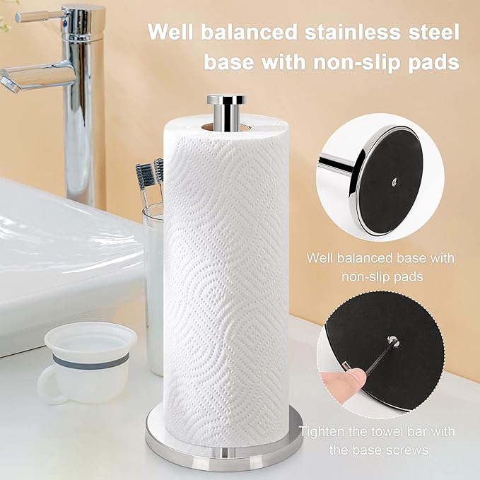 NearMoon Standing Paper Towel Holder, Kitchen Paper Towel Tissue Holder- for Bathroom Countertop, Standard or Jumbo-Sized Roll Paper (with Stainless Steel Base, Chrome Finish)