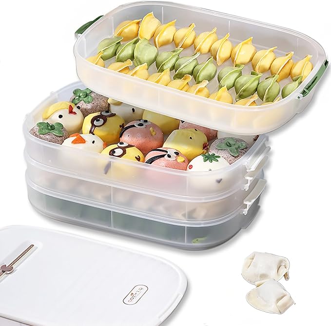 4-Layer Dumpling Storage Container – Freezer Organizer with Smart Timer, Good Sealing, Stackable Food Containers, Anti-Stick Base & Clip Lid (White Lid & Transparent Box)
