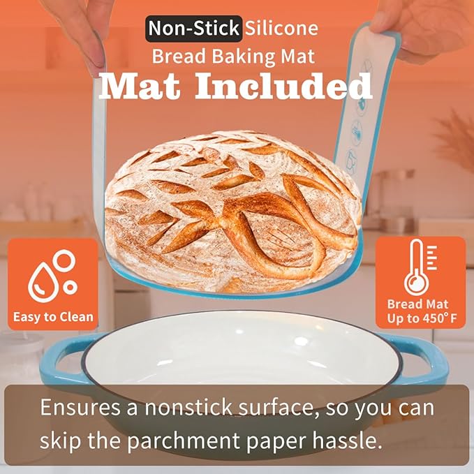 Enameled Cast Iron Dutch Oven with Lid,11" Bread Pan Baking Kit,6 Quart Enamel Bread Pan,Dutch Oven for Sourdough Baking-with Silicone Mat,Teal Thick Enamel Oven Pan-Gifts for Family