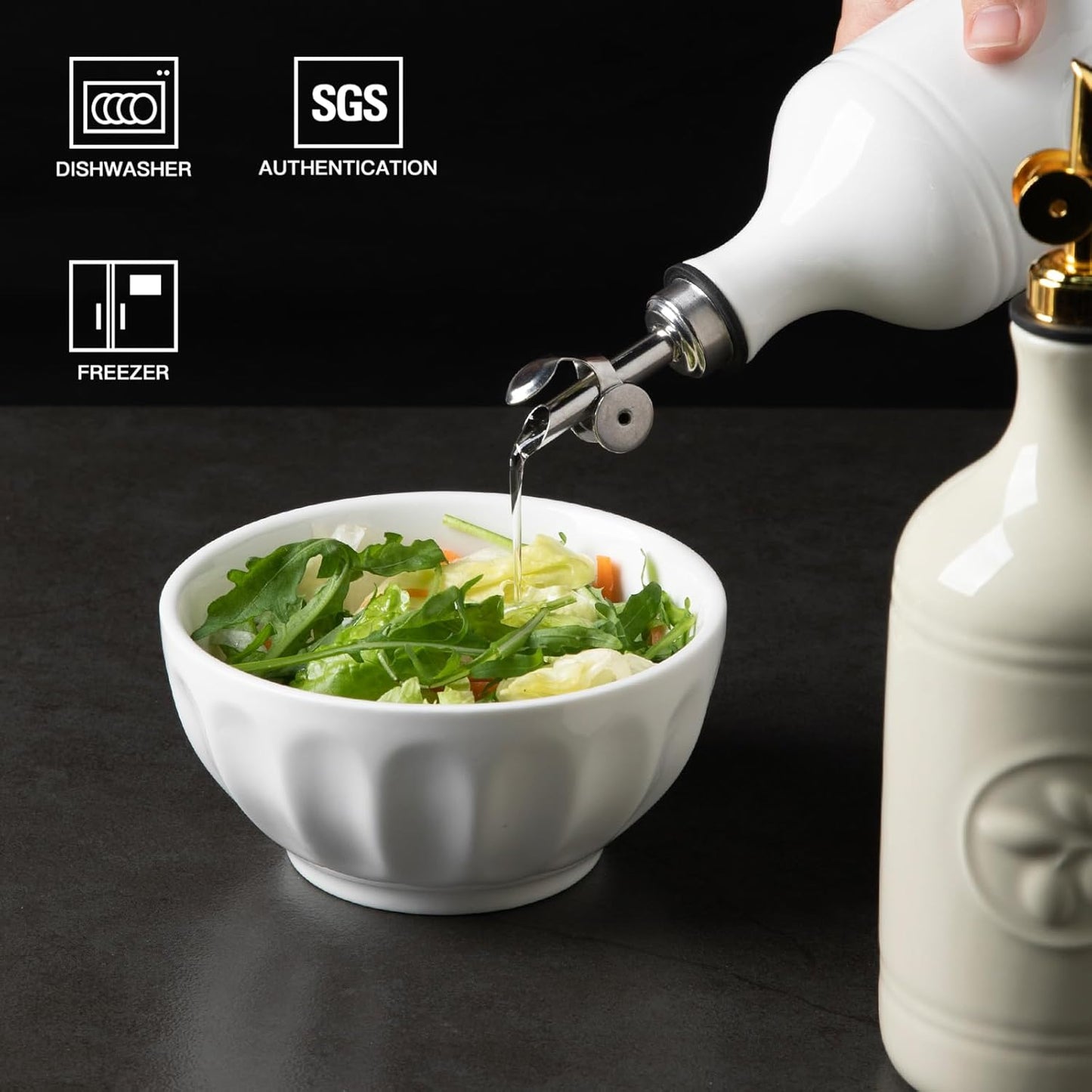 Sweejar 16 Oz Ceramic Olive Oil Dispenser Bottle, Oil Dispenser for Kitchen with Gravity Spout, Relief Opaque Oil Container for Evoo, Avocado Oil, Vinegar, Soy Sauce, 1 Pack(White, Gold Spout)