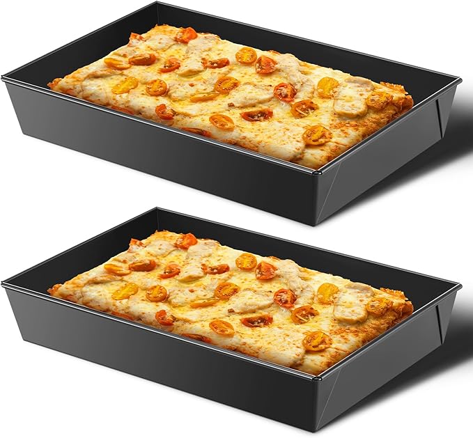 2 Pcs Detroit Style Pizza Pan 10 x 14 x 2.36 Inch Non Stick Rectangle Deep Pizza Pans Pre Seasoned Carbon Steel Sicilian Style Pan Dish Bakeware Kitchenware