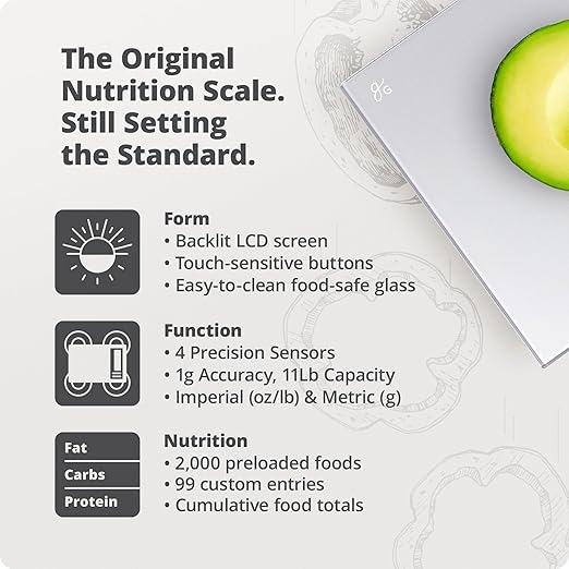 Greater Goods Nutrition Scale (Standalone, No Bluetooth) – Food Grade Glass Digital Food Scale with 2,000 Preloaded Foods, Compact 9.3"x6", for Portion Control, Calorie Counting, and Meal Prep