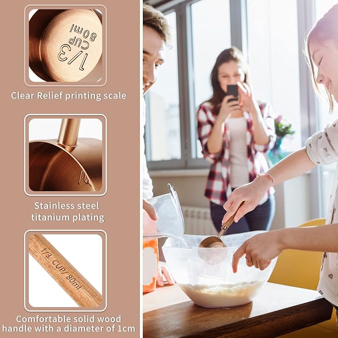Measuring Cup with Wooden Handle, 3/4 Cup Titanium-plating 180ml Stainless Steel, Dog Food Scoop, Rose Gold