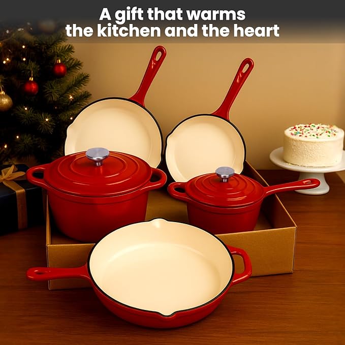 QuliMetal Nonstick Enameled Cast Iron Cookware Set, 5 Pcs Pots and Pans with Lid, Skillet, Frying Pan, Saucepan & Dutch Oven for All Stovetops, PFA Free - Ideal for Sourdough Bread Baking