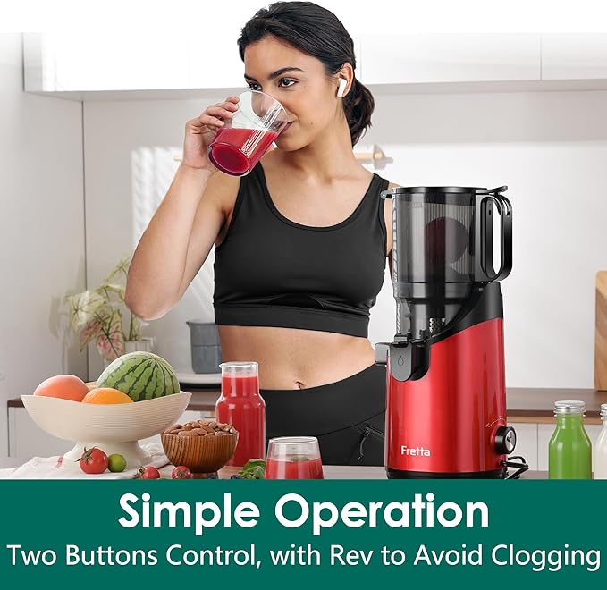 Cold Press Juicer Machines, Slow Masticating Juicer with 5.3" Extra Large Feed Chute Fit Whole Fruits & Vegetables, Self Feeding Effortless for Batch Juicing, BPA Free 250W (Red, 1.8L)