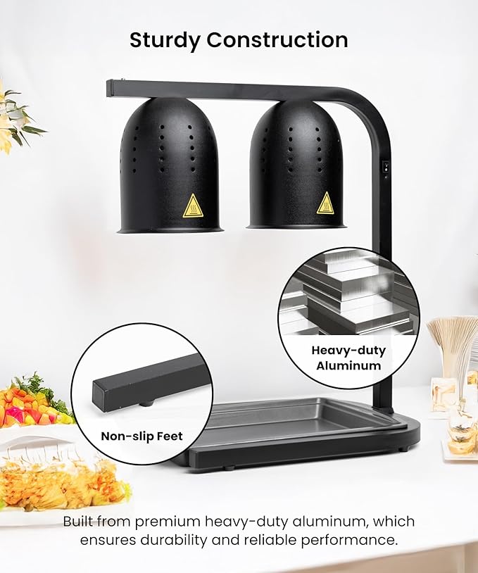 SYBO DL2112 Commercial Grade Food Heat Lamp, Portable Electric Food Warmer, 2-Bulb 500W with Free-Standing, Black