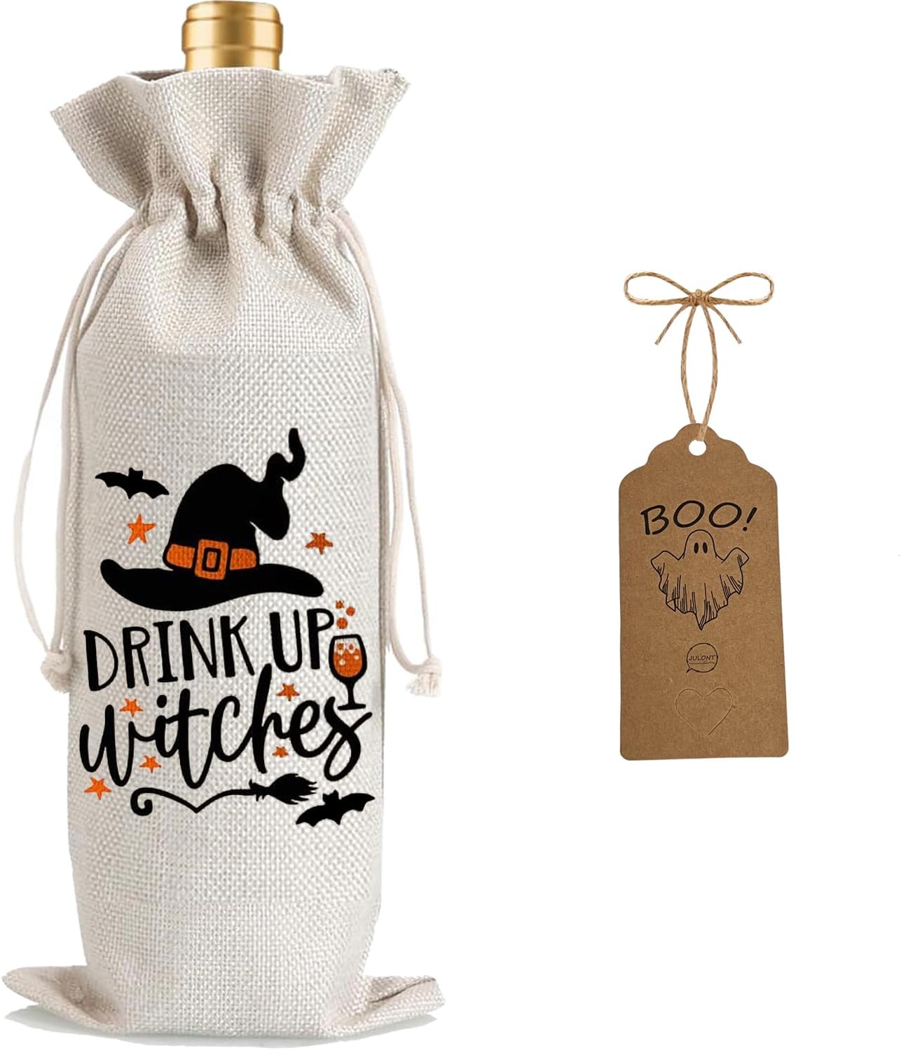 1Pcs Drink Up Witches Gifts Wine Bag,Halloween Wine Bag Halloween Gifts Party Decorations for Women Men with 1Pcs Kraft Blessing Cards and natural jute rope