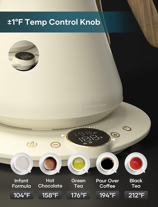 Electric Kettles, INTASTING Gooseneck Electric Kettle, ±1℉ Temperature Control, Stainless Steel Inner, Quick Heating, for Pour Over Coffee, Brew Tea, Boil Hot Water, 0.9L (Morandi White)