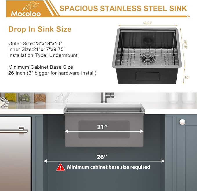 Mocoloo 23x19 Inch Black Kitchen Sink Undermount Stainless Steel Single Bowl Kitchen Sinks Workstation All In One 23 In Bar Prep Small Handmade Sink