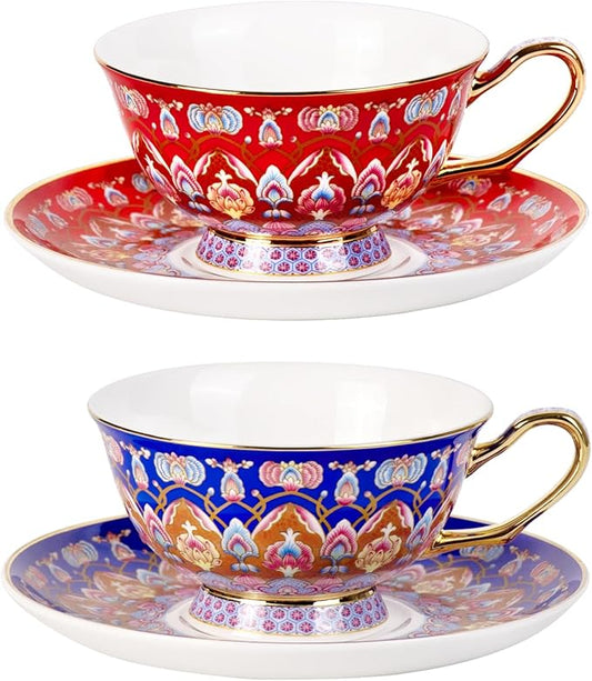 KAMMAK Tea Cups and Saucers Set of 2, Porcelain Coffee Cups with Saucer for Espresso, Cappuccino, 8oz Vintage Red and Blue Ceramic Demitasse Mug for Home, Tea Party, Office