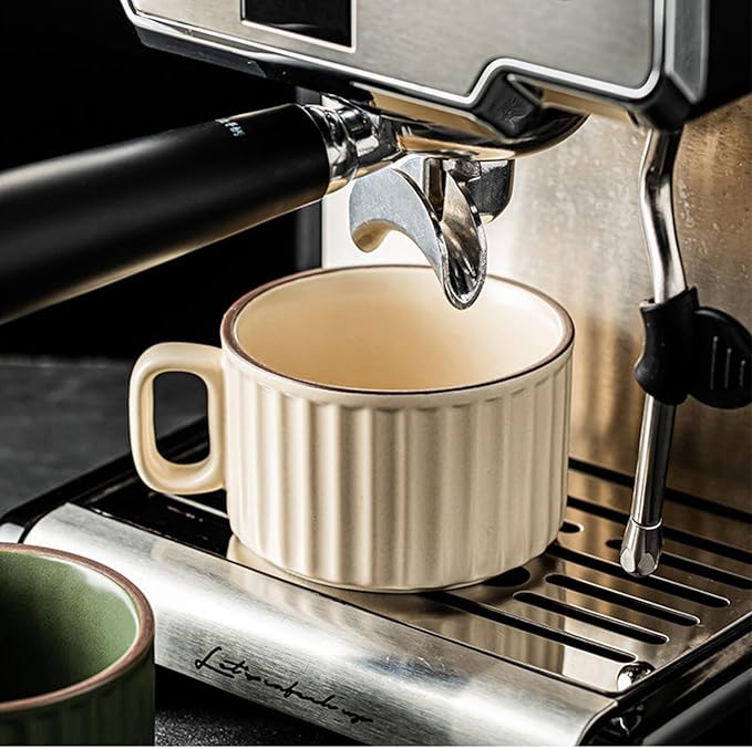 Cappuccino Cups with Saucers, 8 oz Ceramic Vertical Stripe Coffee Cup and Saucer set for Au Lait, Double shot, Latte, Cafe Mocha, Set of 4