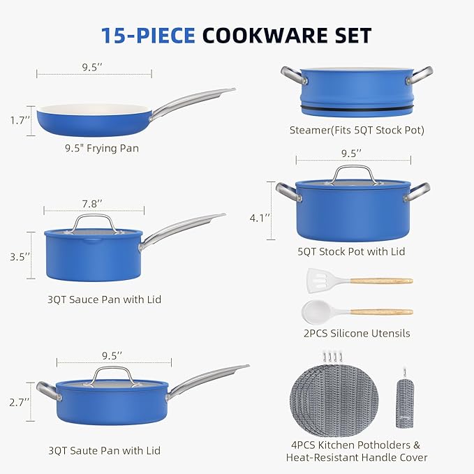 15 Pcs Pots and Pans Set Non Stick, Ceramic Cookware Set with Steamer, Non-Toxic Kitchen Cooking Set with Stay-Cool Ergonomic Handles, Oven & Dishwasher Safe, PFOS & PFOA Free (Cobalt Blue)