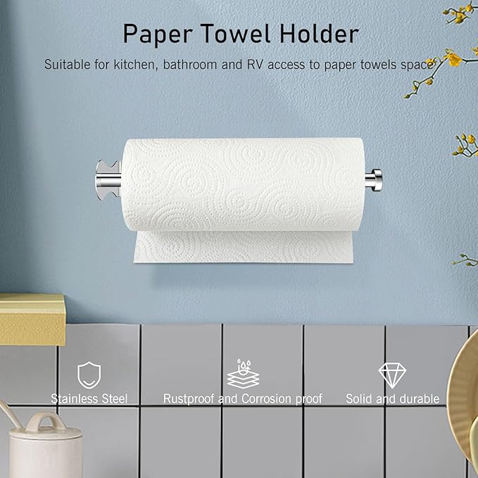 SetSail Paper Towel Holder, Single Hand Operable Paper Towel Holder Under Cabinet with Adjustable Damper Easy Tear Wall Mount Self-Adhesive or Drilled for Kitchen Bathroom, Mirror Silver