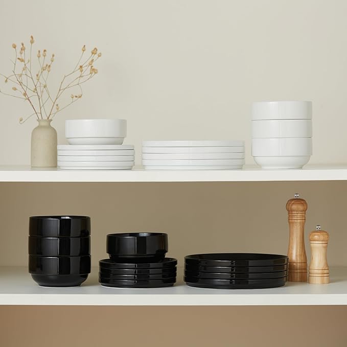 Ceramic Dinnerware Set, 12-Piece Service for 4, Soup Bowls (31.5 oz), Salad Plates (7.5"), Dinner Plates (10.5"), Round, Microwave and Dishwasher Safe, Black, Cambridge Classics