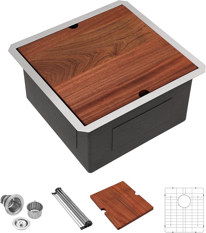 Lordear 15x17 Inch Undermount Kitchen Sink Bar Prep Sink 16 Gauge Stainless Steel Workstation Sink 15” With Cutting Board
