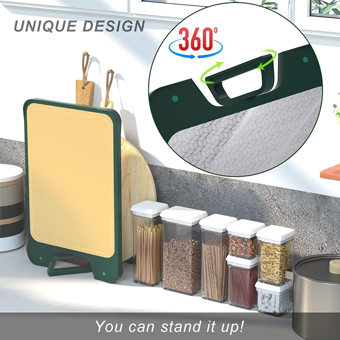 Double Sided 304 Stainless Steel Cutting Board with Self Stand Hanle, Large Plastic Chopping Board for Kitchen, Deep Juice Groove Non-slip Cooking Board, Dishwasher Safe