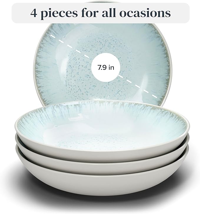 Stoneware pasta bowls set 4 pcs – 7.7" light beige & blue ceramic plates & salad bowls – Dishwasher and microwave safe – Large soup bowls stylish set – Dinner service Pure Living