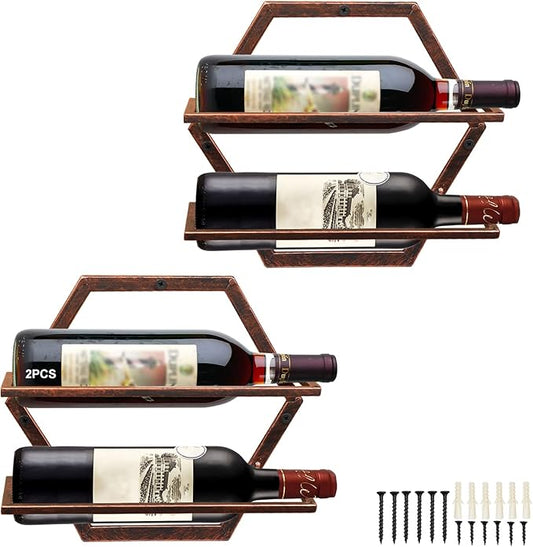 2Pcs Wall Mounted Wine Bottle Rack, Metal Hanging Wine Display Holder Organizer, Red Wine Racks for Home Kitchen Bar Decor Storage (Retro Brown BB)