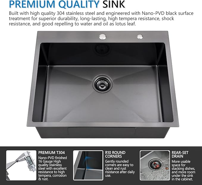 28 Inch Drop In Black Stainless Steel Kitchen Sink, Doirteal 28 x 22 x 10 Inch Matte Black Kitchen Sink 16 Gauge Stainless Steel Topmount Single Bowl Sink Single Basin with Bottom Grid