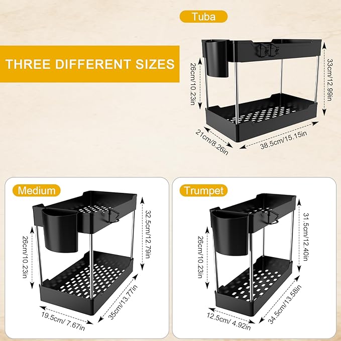 3 Pack Under Sink Organizers and Storage, 2 Tier Bathroom Cabinet Organizer Shelf with Hanging Cups for Kitchen & Bathroom (Black)
