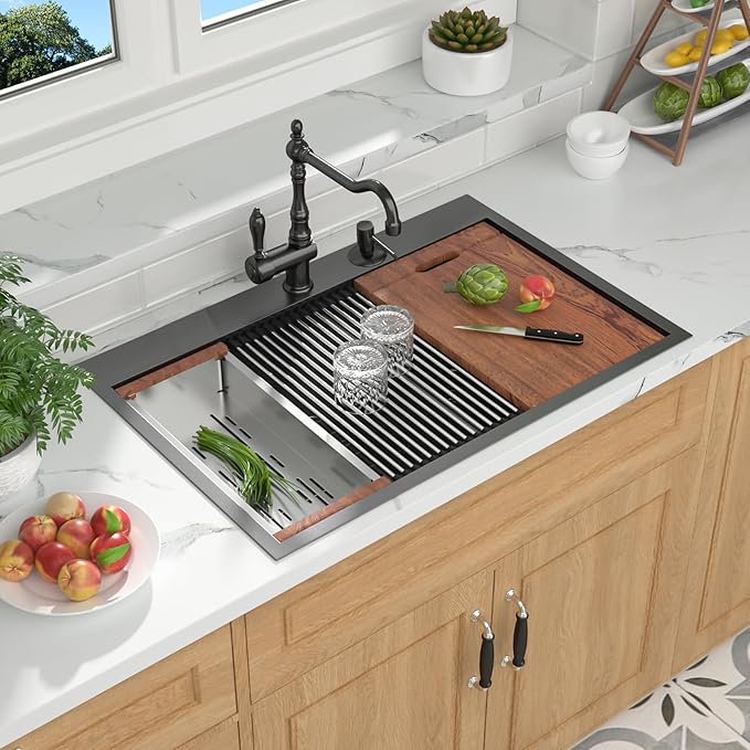 Mocoloo Black Drop In Kitchen Sink - 50/50 Black Drop In Double Bowl NANO-PVD 16 Gauge Stainless Steel Topmount Kitchen Sinks Handmade, 33''x22''x10''