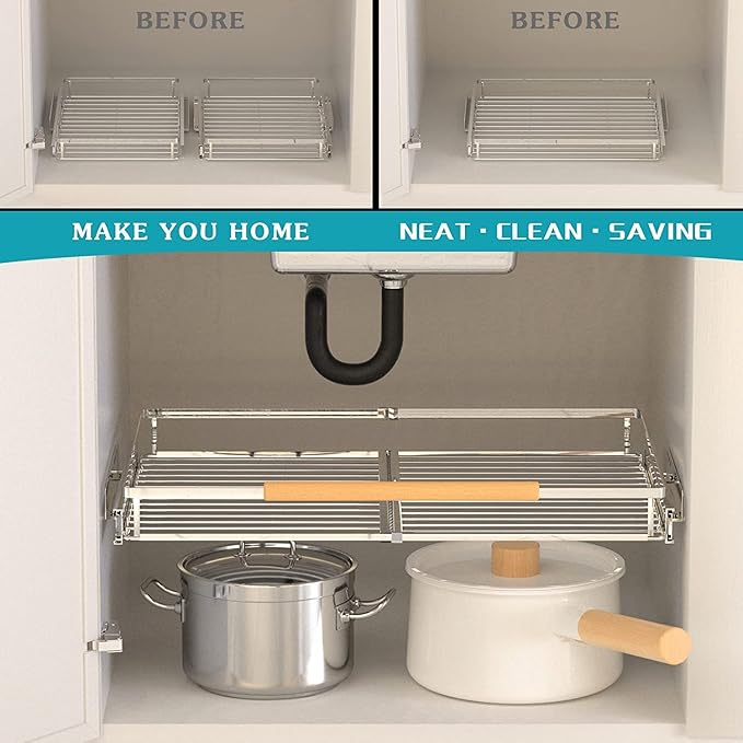 Pull Out Cabinet Shelf, Slide Out Cabinet Organizer Heavy Duty Under Sink, Anti Rust Kitchen Organizer Basket, Smooth Roll Expandable Sliding Drawer, 2 Pack Chrome 15.9''-26.2''