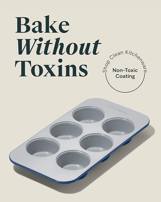Caraway Nonstick Ceramic 6 Cup Muffin Pan Duo – Non-Toxic, PTFE & PFOA Free – Oven Safe – Aluminized Steel Core – Small Muffin Pan for Baking Cupcakes, Muffins & More - Navy
