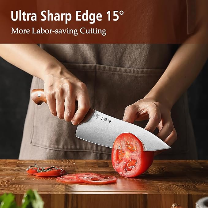 HEZHEN Pro Chefs Knives 8.3 Inch,High Carbon German 1.4116 Steel,Stainless Steel Rivets with Red Wood Handle，Razor Sharp,Super Edge,with Woodern Knife Sheath