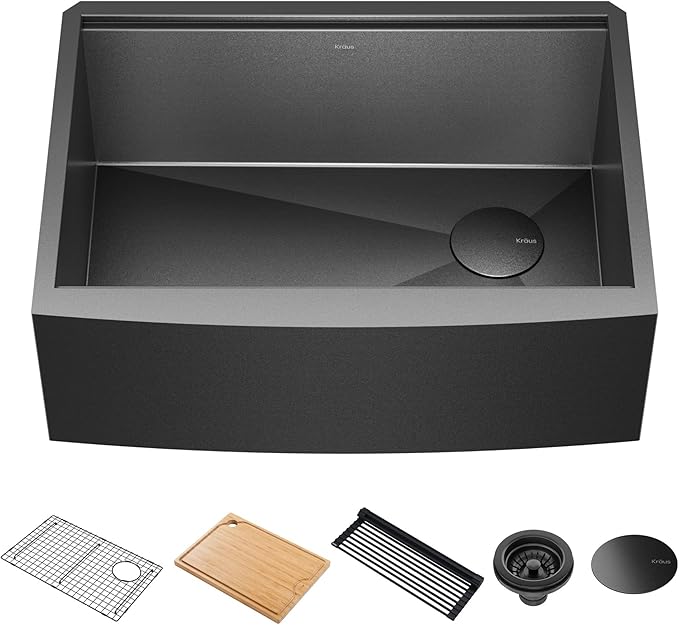 KRAUS Kore Workstation 27-inch Farmhouse Apron Front 16 Gauge Black Stainless Steel Single Bowl Kitchen Sink in PVD Gunmetal Finish with Accessories, KWF210-27-PGM