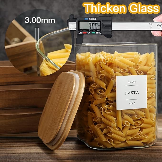 Glass Food Storage Containers with 132 Kitchen Pantry Labels, 110/37 oz Glass Flour and Sugar Containers with Airtight Lids, Large Square Glass Jars with Bamboo Lids for Rice, Pasta, Grains, Cookies