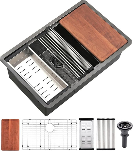 27 inch Undermount Kitchen Sink Workstation 16 Gauge Black Stainless Steel Kitchen Sink Single Bowl Deep Basin