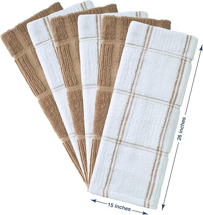 CRAFTSWORTH Kitchen Towels, 15 x 26 Inches, Pack of 6, 400 GSM, 100% Ring Spun Cotton, Tan Combo Windowpane Dish Towels Super Soft and Absorbent, Tea Towels and Bar Towels