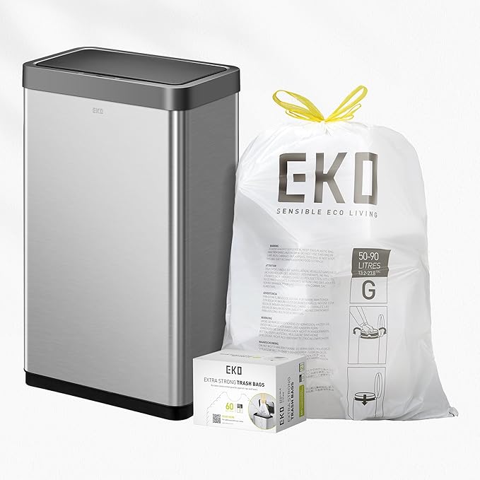 EKO 80 Liter Motion Sensor Trash Can Starter Set - Includes Mirage-X 80 Liter Automatic Touchless Trash Can Plus 60-Count of 21 Gallon Extra-Strong Drawstring Trash Bags