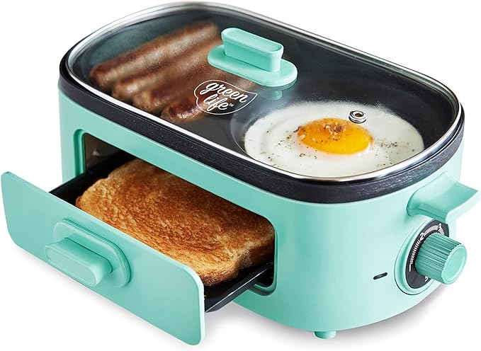 GreenLife 3-in-1 Breakfast Maker Station, Healthy Ceramic Nonstick Dual Griddles for Eggs Meat Sausage Bacon Pancakes and Breakfast Sandwiches, 2 Slice Toast Drawer, Easy-to-use Timer, Turquoise